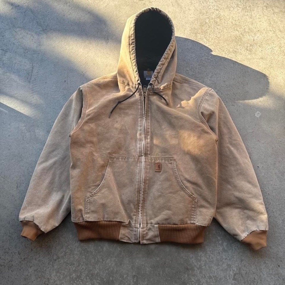 Early 2000s Carhartt Beige Tan Canvas Quilt Lined Zip Up Hooded Workwear Jacket